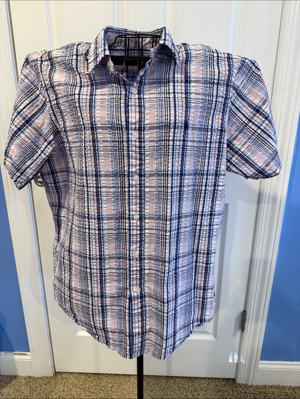 Ralph Lauren Blue & Pink Plaid Short-Sleeve Button-Down Shirt Large 100% Cotton